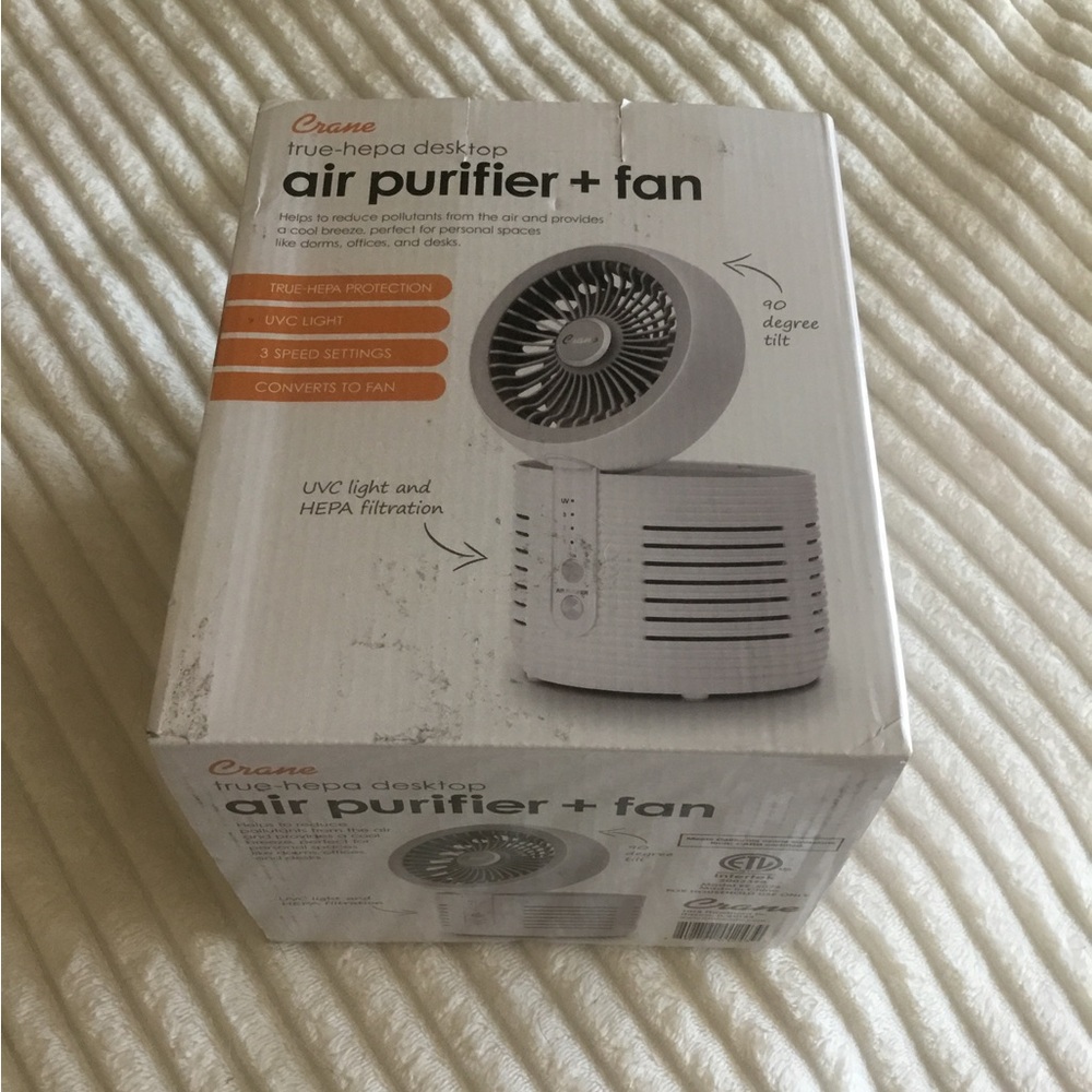 Crane White True-HEPA Desktop Air Purifier + Fan